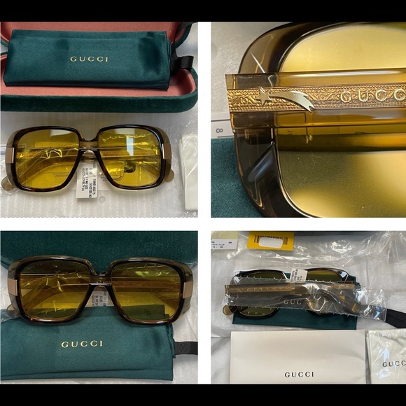 UNISEX GUCCI SQUARE HAVANA AND GOLD FALLING STAR ACCENTED FRAME SUNGLASSES - Picture 16 of 16